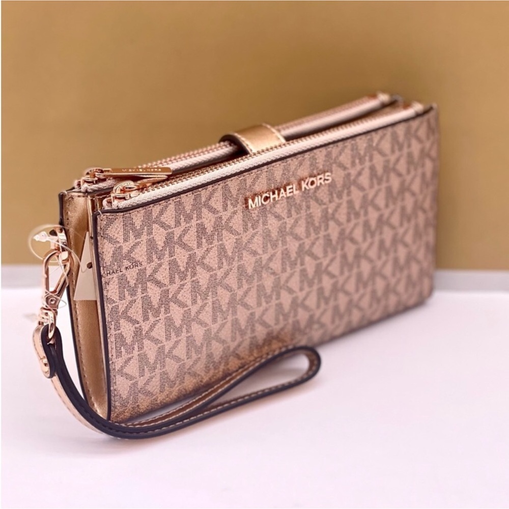 Michael Kors Jet Set Travel Double Zip Wristlet In Rose Gold